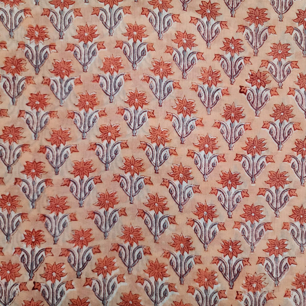 ( Pre-Cut 1.70 Meter ) Mul Pure Cotton Jaipuri Light Peach With Drak Peach Buttercups Flower Motifs Hand Block Print Fabric