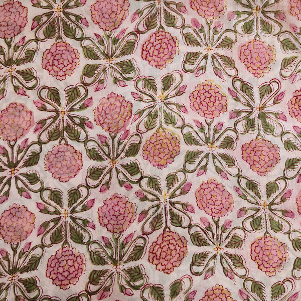 BLOUSE PIECE 0.80 METER Mul Pure Cotton Jiapuri Peach With Pink Marigold Jaal Hand Block Print Fabric