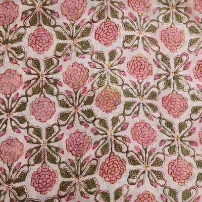 ( Blouse Piece 1.40 Meter ) Mul Pure Cotton Jiapuri Peach With Pink Marigold Jaal Hand Block Print Fabric