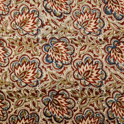 Mul Pure Cotton Kalamkari Cream With Red And Green And Blue Big Flower Jaal Hand Block Print Fabric