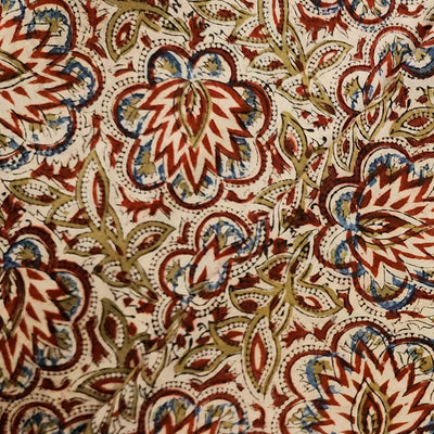 Mul Pure Cotton Kalamkari Cream With Red And Green And Blue Big Flower Jaal Hand Block Print Fabric