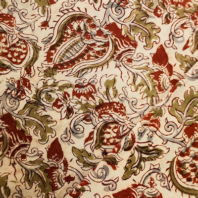 Mul Pure Cotton Kalamkari Cream With Red And Green Jungle Flower Jaal Hand Block Print Fabric