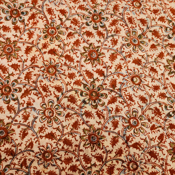 Mul Pure Cotton Kalamkari Cream With Red And Mustard Flower Jaal Hand Print Fabric