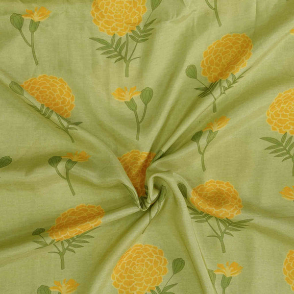 Muslin Light Green With Yellow Roses Motif Fabric