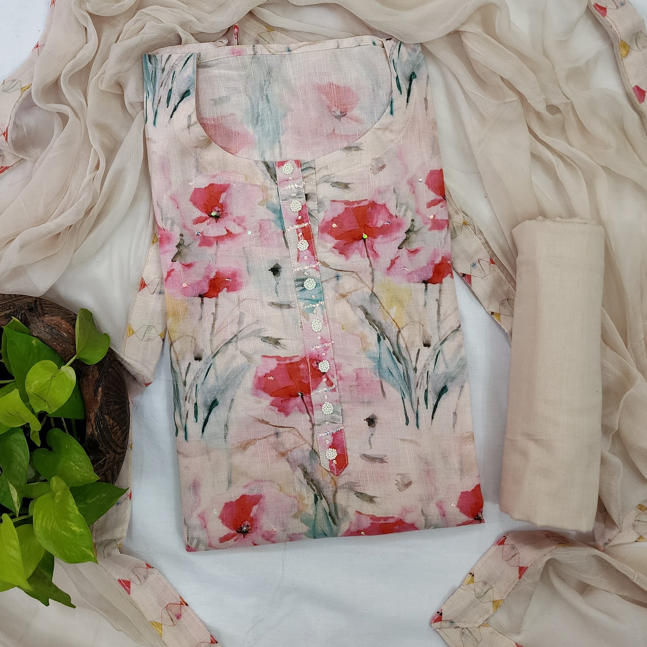NADIA-Cotton Cream With Pink Flower With Neck Design And Border Lace T ...