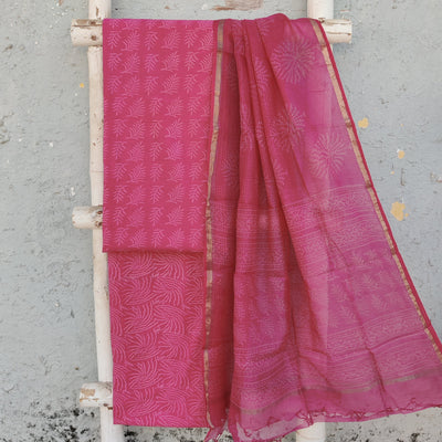 NAMRATA-Pure Cotton Dabu Pink With Design Top And Cotton Bottom Pink  Design Kota Dori Dupatta