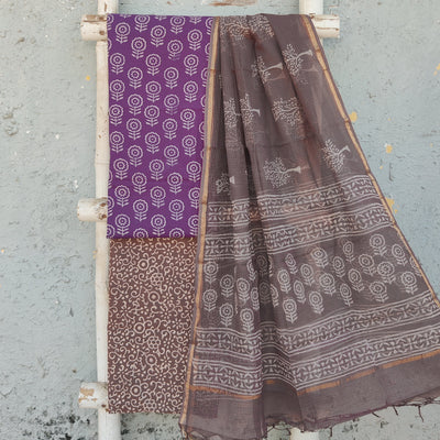 NAMRATA-Pure Cotton Dabu Purple With White Design Top And Cotton Bottom Dark Brown Design Kota Dori Dupatta