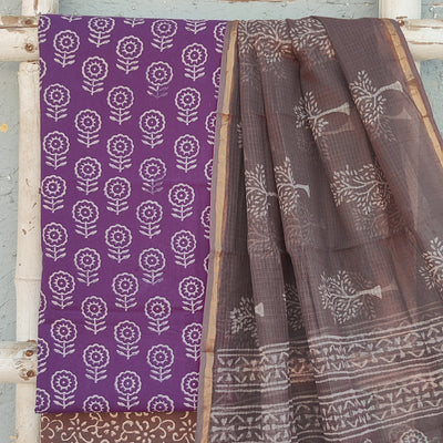 NAMRATA-Pure Cotton Dabu Purple With White Design Top And Cotton Bottom Dark Brown Design Kota Dori Dupatta