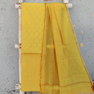 NAMRATA-Pure Cotton Dabu Yellow With Design Top And Cotton Bottom Yellow Design Kota Dori Dupatta
