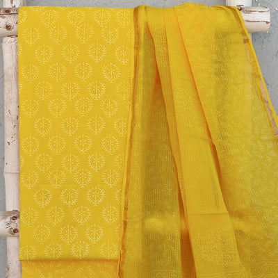 NAMRATA-Pure Cotton Dabu Yellow With Design Top And Cotton Bottom Yellow Design Kota Dori Dupatta