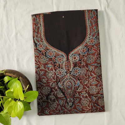NAVYA-Pure Cotton Ajrak Black With Rust Maroon And Blue Neck Design And Sleeves Fabric Pre-Design Unstitched Kurta