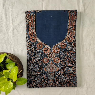 NAVYA-Pure Cotton Ajrak Blue With Light Black And Red Neck Design And Sleeves Fabric Pre-Design Unstitched Kurta