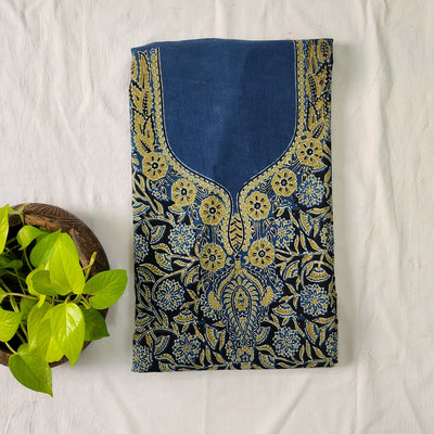 NAVYA-Pure Cotton Ajrak Blue With Light Yellow Neck Design And Sleeves Fabric Pre-Design Unstitched Kurta