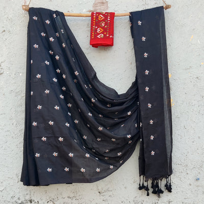 NISHKA-Mercerised Cotton Embroidered Black With Embroidered Red Blouse Saree