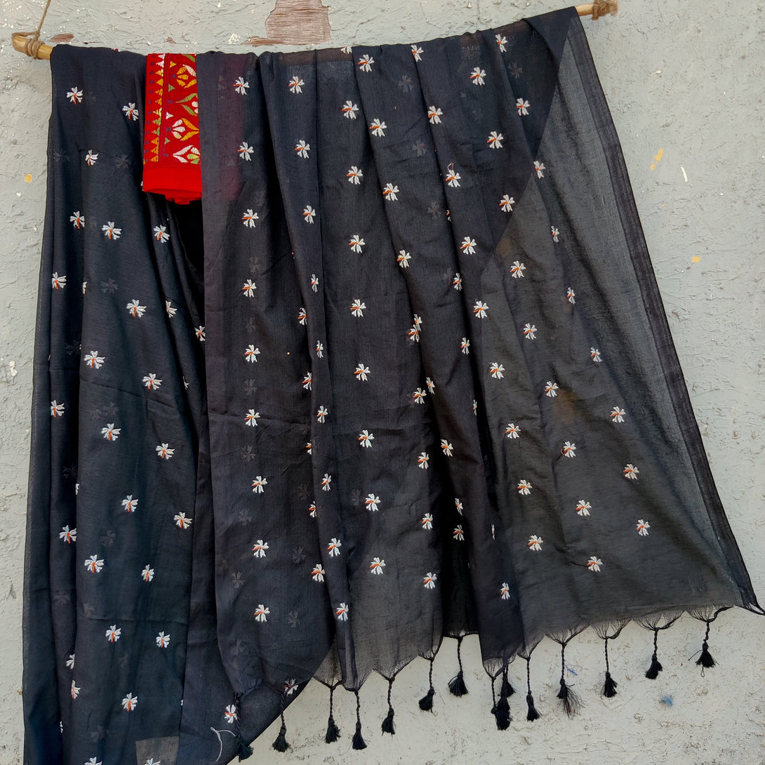 NISHKA-Mercerised Cotton Embroidered Black With Embroidered Red Blouse ...