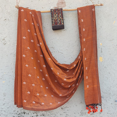 NISHKA-Mercerised Cotton Embroidered Brown With Embroidered Black Blouse Saree