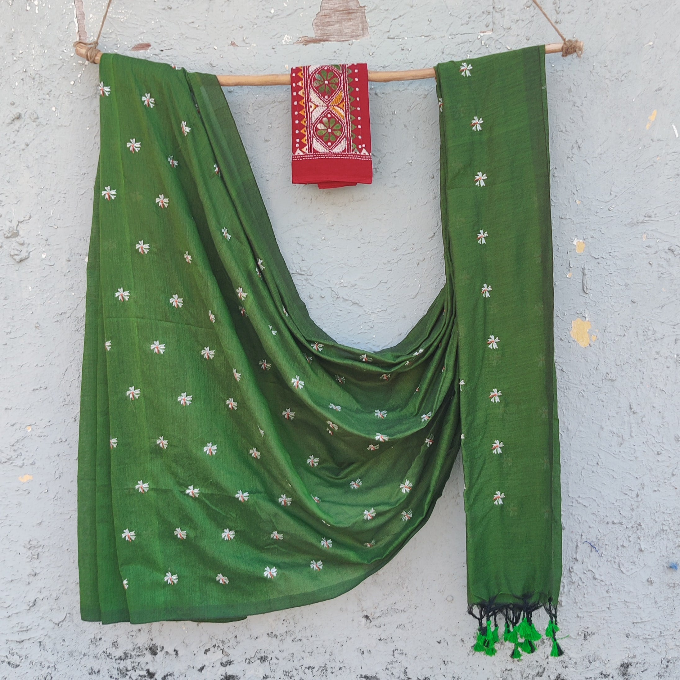 NISHKA-Mercerised Cotton Embroidered Green With Embroidered Maroon Blo ...