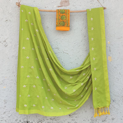 NISHKA-Mercerised Cotton Embroidered Light Green With Embroidered Yellow Blouse Saree