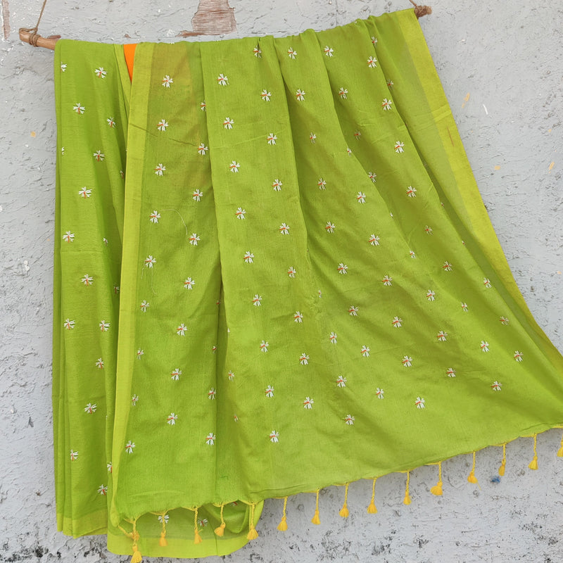NISHKA-Mercerised Cotton Embroidered Light Green With Embroidered Yellow Blouse Saree