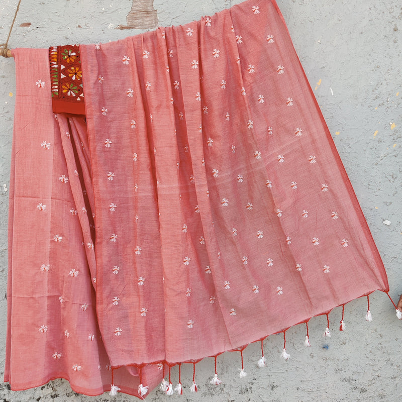 NISHKA-Mercerised Cotton Embroidered Light Peach With Embroidered Red Blouse Saree