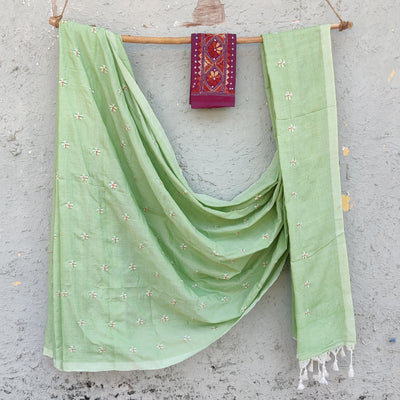 NISHKA-Mercerised Cotton Embroidered Mint Green With Embroidered Purple Blouse Saree