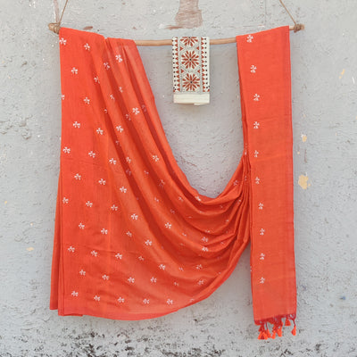 NISHKA-Mercerised Cotton Embroidered Orange With Embroidered Cream Blouse Saree
