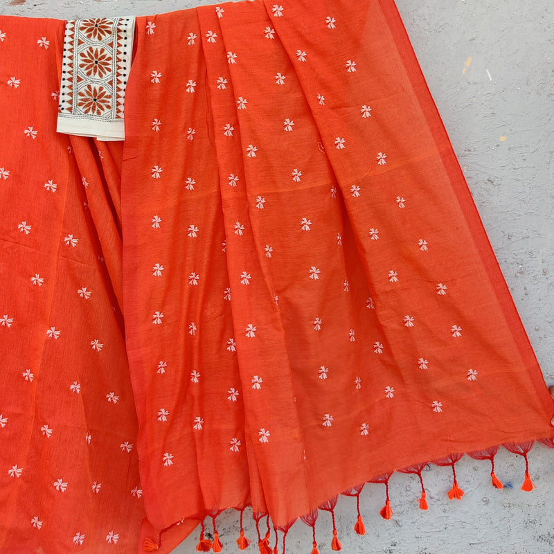 NISHKA-Mercerised Cotton Embroidered Orange With Embroidered Cream Blouse Saree