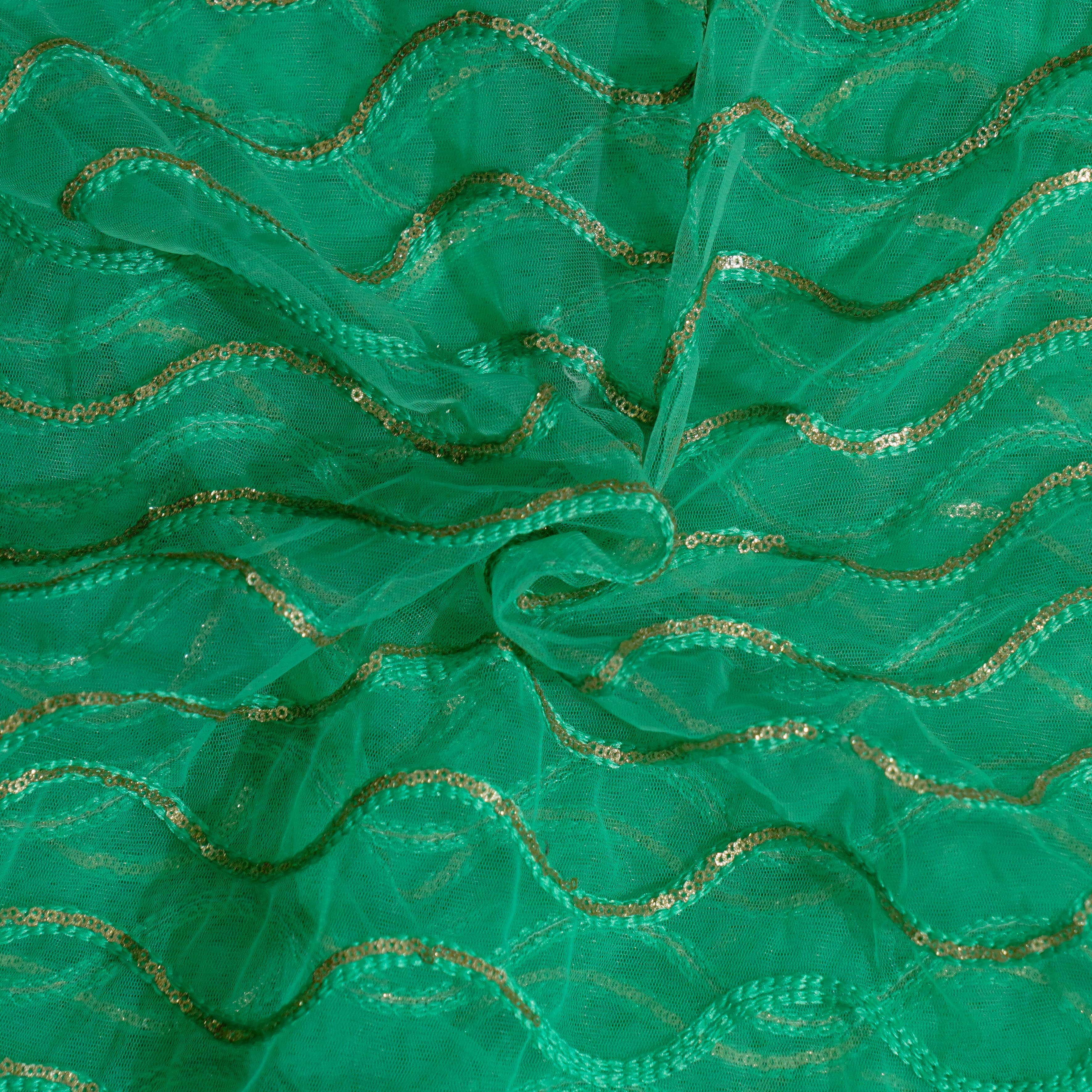 Pre Cut (0.90 Meter) Green Net With Sequence Waves Embroidered Fabric ...
