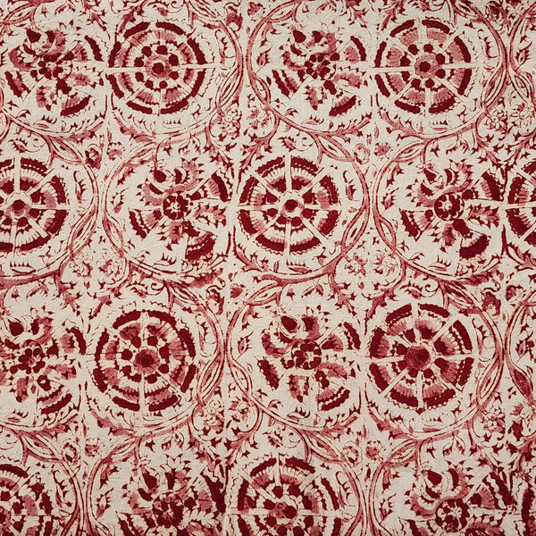 Pure Cotton Kalamkari Red With Cream Wild Flower Jaal Hand Block Print Fabric