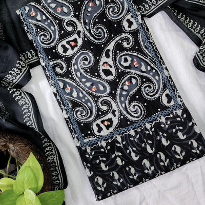 PARI-Pure Cotton Black With White Intricate Design Yoke Top And Black Plain Bottom And Cotton Dupatta Suit