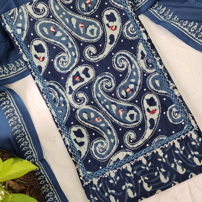 PARI-Pure Cotton Blue With White Intricate Design Yoke Top And Blue Plain Bottom And Cotton Dupatta Suit