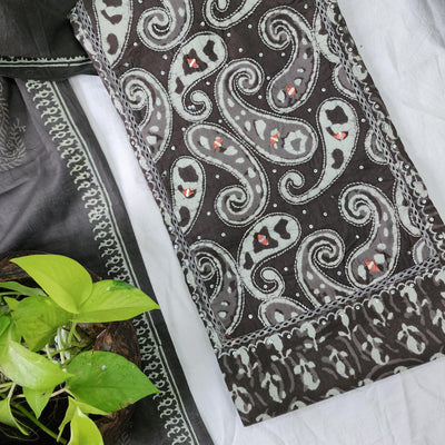 PARI-Pure Cotton Grey With White Intricate Design Yoke Top And Grey Plain Bottom And Cotton Dupatta Suit