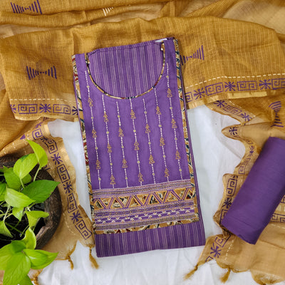 PARI-Pure Cotton Purple With Mustard Kalamkari Emboidery Intricate Design Yoke Top And Purple Plain Bottom And Kota Dori Dupatta Suit