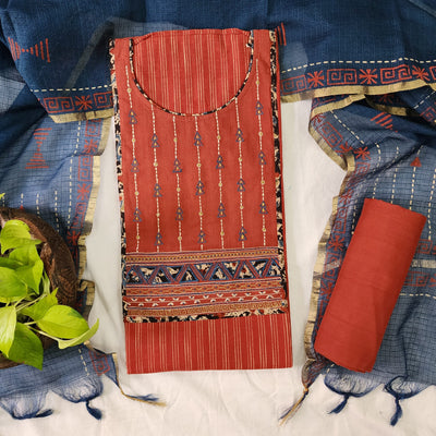 PARI-Pure Cotton Red With Blue Kalamkari Emboidery Intricate Design Yoke Top And Red Plain Bottom And Kota Dori Dupatta Suit