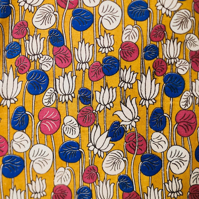 ( PFRE-CUT 95 CM ) Pure Cotton Kalamkari Yellow With White And Blue And Pink Lotus Hand Block Print Fabric