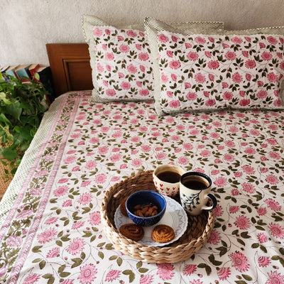 PINK LOTUS - Pure Cotton Jaipuri Cotton Double Bedsheet