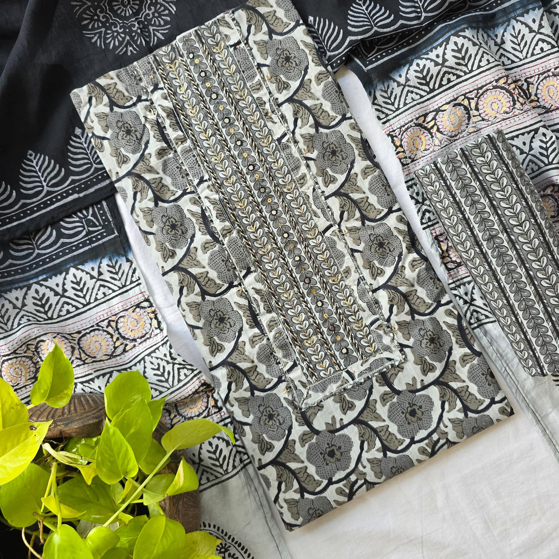 PRANALI-Chanderi Cotton Flower Jaal Grey With Black Screen Print With ...