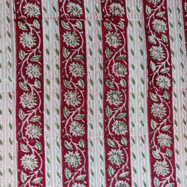 PRE-CUT -1.40 METER Pure Cotton JAipuri White With Maroon Border Stripes Hand Block Print Fabric