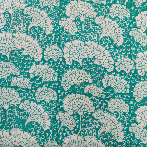 PRE-CUT 0.80 CM Pure Cotton Jaipuri Sea Blue With Off White Flowers Hand Block Print Fabric