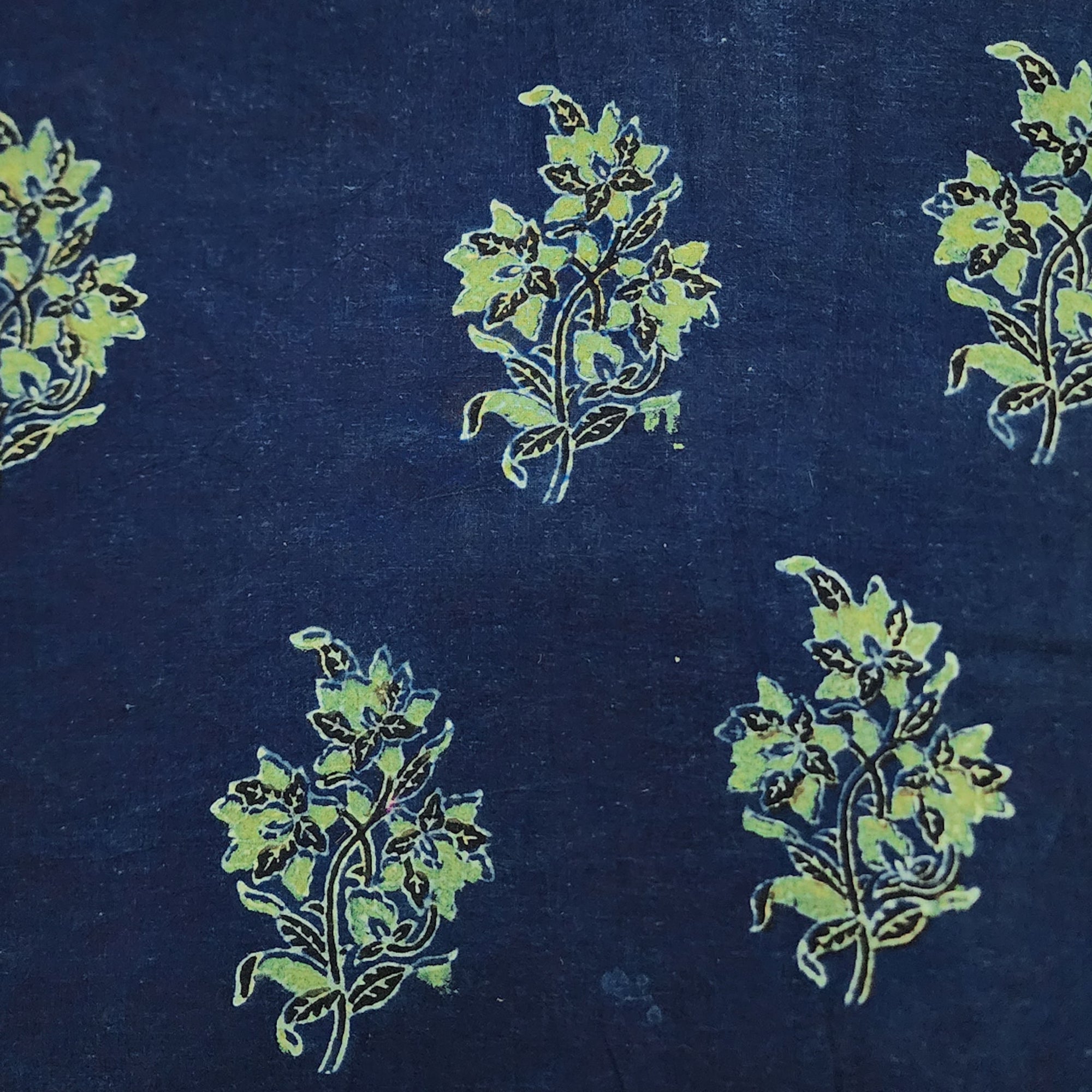 PRE-CUT 0.95 CM Pure Cotton Ajrak Blue With Green Plant Hand Block Pri ...