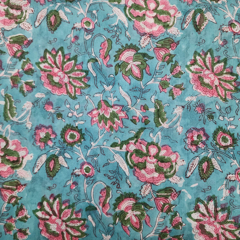 PRE-CUT 1 METER Pure Cotton Jaipuri Blue With Light Pink And Green Flower Jaal Hand Block Print Fabric