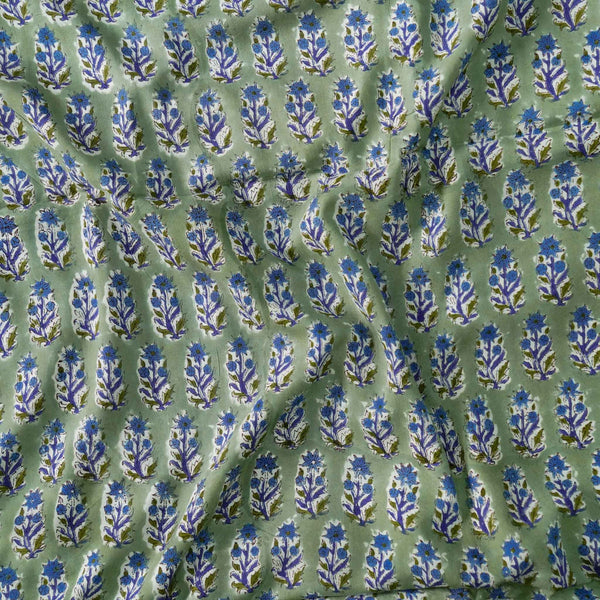 PRE-CUT 1.20 METER Modal Cotton Jaipuri Green With Blue Flowers Hand Block Print Fabric