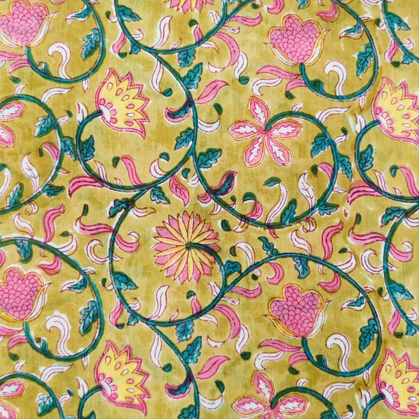 PRE-CUT 1.20 METER Pure Cotton Jaipuri Green With Pink And Dark Green Flower Jaal Hand Block Print Fabric