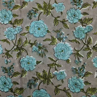 PRE-CUT 1.20 METER Pure Cotton Jaipuri Grey With Blue Rose Jaal Hand Block Print Fabric