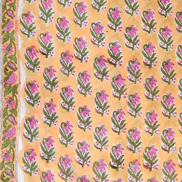 PRE-CUT 1.20 METER Pure Cotton Jaipuri Orange With Pink Jasmine Hand Block Print Fabric
