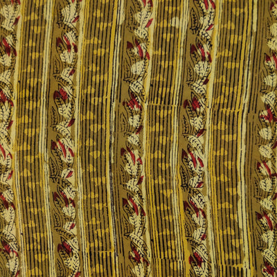 ( PRE-CUT 1.25 METER ) Pure Cotton Dabu Jahota Mustard With Leafy Creeper Stripes Hand Block Print Fabric