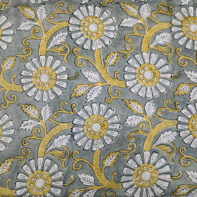 PRE-CUT 1.30 METER Pure Cotton Jaipuri Grey With White Mustard Wild Floral Jaal Hand Block Print Fabric