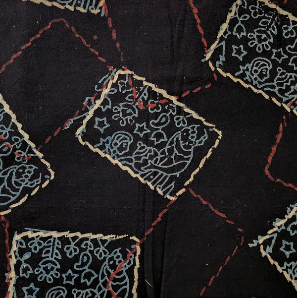 ( PRE-CUT 1.35 METER ) Pure Cotton Ajrak Black With Blue And Red Photo Frames Design Hand Block Print Fabric