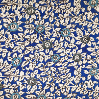 ( PRE-CUT 1.35 METER ) Pure Cotton Kalamkari Blue With Cream Flower Jaal Hand Block Print Fabric