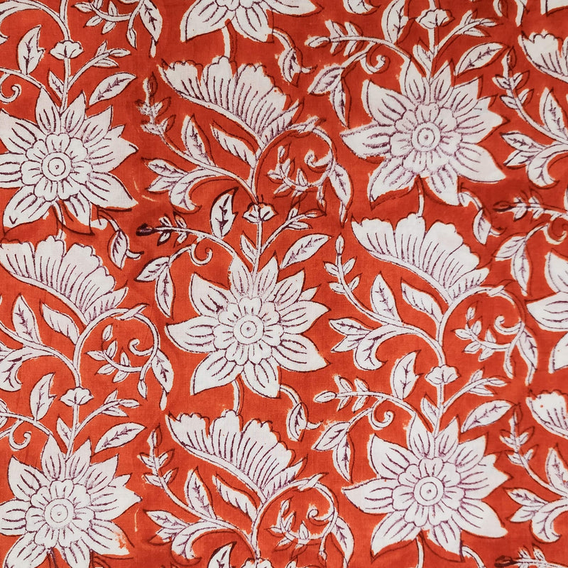 PRE-CUT 1.40 METER Pure Cotton Jaipuri Orange With White Big Flower Jaal Hand Block Print Fabric
